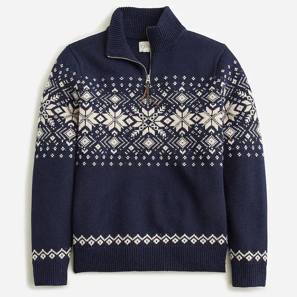 NWT J Crew 100% Lambs Wool Half Zip Fair Isle Nordic Ski Sweater Blue & White